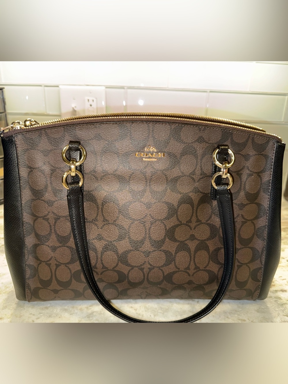 NWT Coach Christie Carryall F36721 Brown Black Signature Handbag